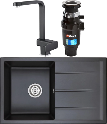 Alveus Комплект Мойка кухонная Emar Quartz + Смеситель 3014.12 Оникс + Измельчитель Bort Master Eco матовая, прямоугольная