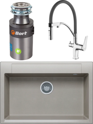Комплект Мойка кухонная Polygran Argo 760 серая + Смеситель Lemark Comfort LM3074C-Gray с гибким изливом, хром, серый + Измельчитель Bort Titan 4000 Control, матовая, прямоугольная