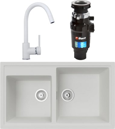 Комплект Мойка кухонная TopZero TopGran Demi 860.500 20-07 ice 07 + Смеситель Romeo ice 07 + Измельчитель Bort Master Eco матовая, прямоугольная