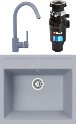 Комплект Мойка кухонная TopZero Georgia 560.510-49 Titan + Смеситель Romeo titan 49 + Измельчитель Bort Master Eco матовая, квадратная