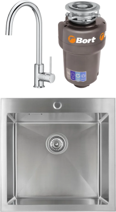 Комплект Мойка кухонная Kaiser + Смеситель Roca Etna 5A7B09C00 хром + Измельчитель Bort Titan Max Power брашированная, квадратная
