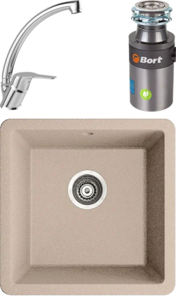 Комплект Мойка кухонная Iddis Tanto + Смеситель MEGA Mega MG-BMK016 хром + Измельчитель Bort Titan 4000 Control матовая, прямоугольная