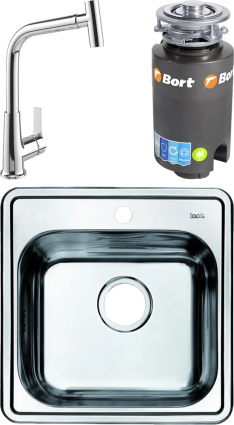 Комплект Мойка кухонная Iddis Strit + Смеситель MEGA Life MG-TK09 хром + Измельчитель Bort Titan 4000 полированная, квадратная