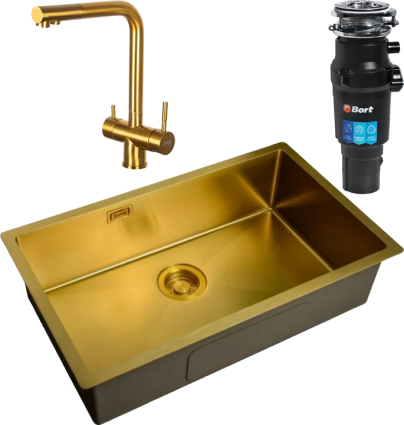 Комплект Мойка кухонная Zorg Light + Смеситель Inox SZR-7039 BRONZE бронза + Измельчитель Bort Titan 7000 брашированная, прямоугольная