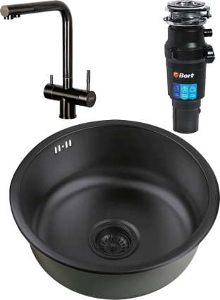 Комплект Мойка кухонная Zorg Inox PVD + Смеситель Inox SZR-7039 GRAFIT графит + Измельчитель Bort Titan 7000 матовая, круглая