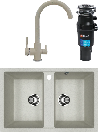 Комплект Мойка кухонная Ulgran U-608 -310 серая + Смеситель Polygran Элара Дуо 627659 серый + Измельчитель Bort Titan 7000 матовая, прямоугольная