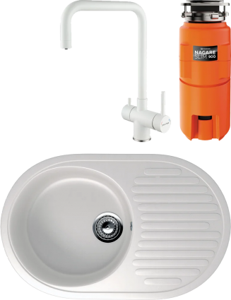 Комплект Мойка кухонная Ulgran U-107 -331 белая + Смеситель Paulmark Wetter We213030-431 белый матовый + Измельчитель Omoikiri Nagare slim 900 матовая, овальная
