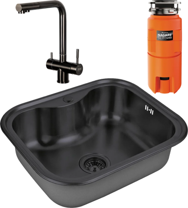 Комплект Мойка кухонная Zorg Inox PVD SZR 5848 GRAFIT графит + Смеситель Inox SZR-7039 GRAFIT графит + Измельчитель Omoikiri Nagare slim 1250 брашированная, прямоугольная