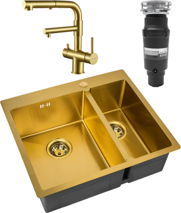 Комплект Мойка кухонная Zorg Inox PVD SZR-59-2-51-L BRONZE L, бронза + Смеситель Sanitary SZR-3216 Bronze бронза + Измельчитель Bone Crusher BC 910-SL-Slim Line, брашированная, прямоугольная