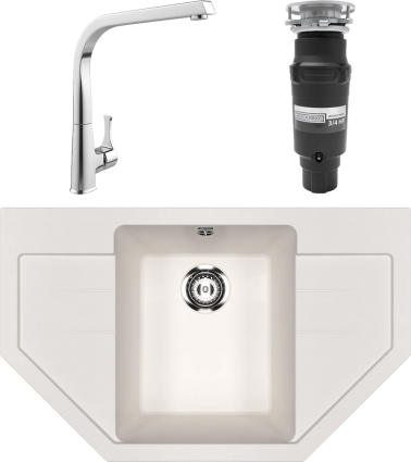 Комплект Мойка кухонная Ulgran U-609 -331 белая + Смеситель MEGA Mega + Измельчитель Bone Crusher BC 910-SL-Slim Line матовая, многоугольная