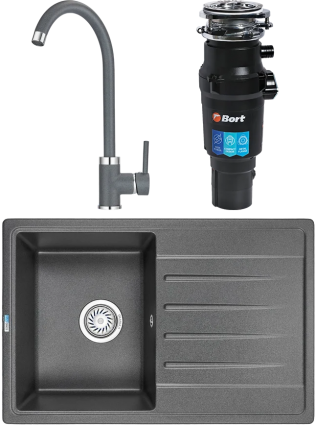 Комплект Мойка кухонная Granula Standart ST-7602 графит + Смеситель GR-2125 графит + Измельчитель Bort Titan 7000 матовая, прямоугольная