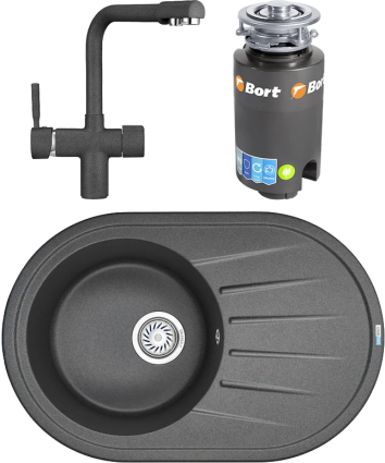 Комплект Мойка кухонная Granula Standart ST-7601 графит + Смеситель GR-2088 графит + Измельчитель Bort Titan 4000 матовая, овальная