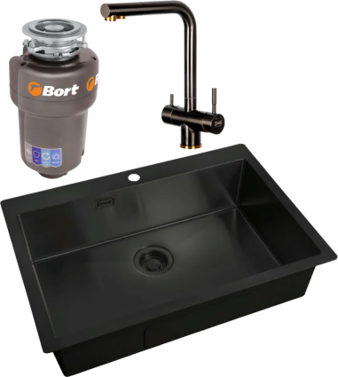 Комплект Мойка кухонная Zorg Light + Смеситель Inox SZR-7039 BR/GRAFIT бронза графит + Измельчитель Bort Titan Max Power FullControl брашированная, прямоугольная