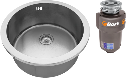 Комплект Мойка кухонная Zorg Inox RX + Измельчитель Bort Titan Max Power FullControl брашированная, круглая