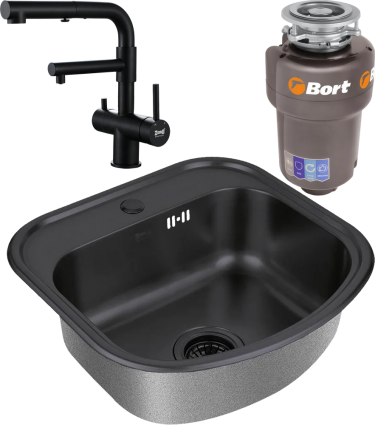 Комплект Мойка кухонная Zorg Inox PVD SZR 4749 GRAFIT графит + Смеситель Sanitary SZR-3216 Grafit графит + Измельчитель Bort Titan Max Power FullControl брашированная, прямоугольная