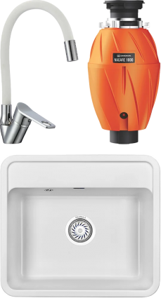 Комплект Мойка кухонная Granula Standart + Смеситель РМС SL137W 016F хром, белый, с гибким изливом + Измельчитель Omoikiri Nagare 1000, матовая, прямоугольная