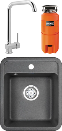 Комплект Мойка кухонная Granula Standart ST-4202 графит + Смеситель MEGA Didim MG-CM107 хром + Измельчитель Omoikiri Nagare slim 1250 матовая, прямоугольная