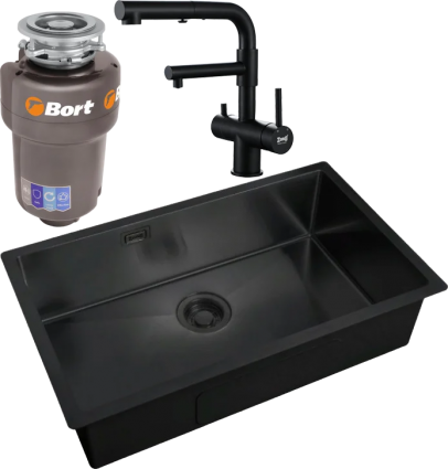 Комплект Мойка кухонная Zorg Light + Смеситель Sanitary SZR-3216 Grafit графит + Измельчитель Bort Titan Max Power брашированная, прямоугольная