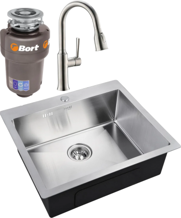 Комплект Мойка кухонная Zorg Inox R 5951 + Смеситель Domaci Равенна DCB 7011 сатин + Измельчитель Bort Titan Max Power брашированная, прямоугольная