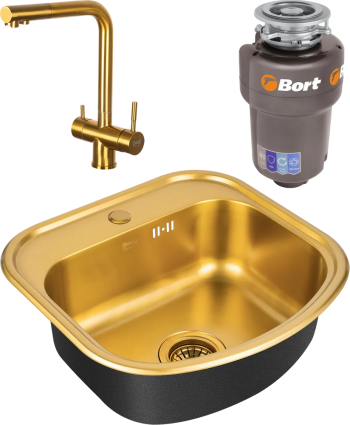 Комплект Мойка кухонная Zorg Inox PVD SZR 4749 BRONZE бронза + Смеситель Inox SZR-7039 BRONZE бронза + Измельчитель Bort Titan Max Power брашированная, прямоугольная