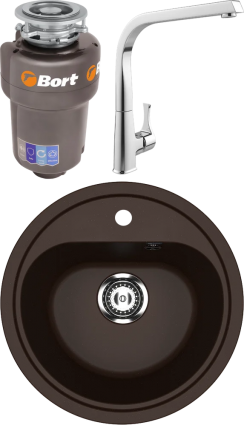 Комплект Мойка кухонная Ulgran U-700 -345 шоколад + Смеситель MEGA Mega + Измельчитель Bort Titan Max Power матовая, круглая