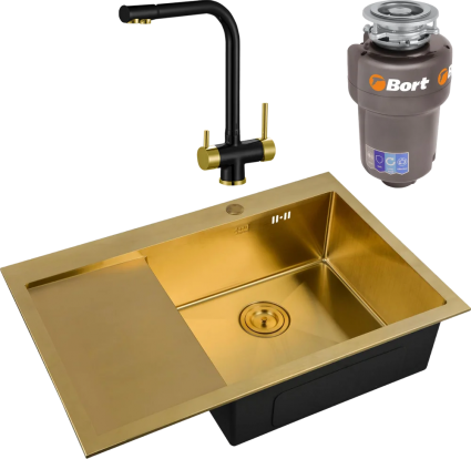 Комплект Мойка кухонная Zorg Inox Pvd SZR-7851-R Bronze + Смеситель Sanitary ZR 348 YF BLACK BRONZE + Измельчитель Bort Titan 5000 Control брашированная, прямоугольная