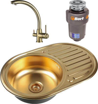 Комплект Мойка кухонная Zorg Inox PVD Inox Pvd SZR-7750 bronze + Смеситель Steel Hummer SH 699 BRONZE бронза + Измельчитель Bort Titan 5000 Control брашированная, овальная