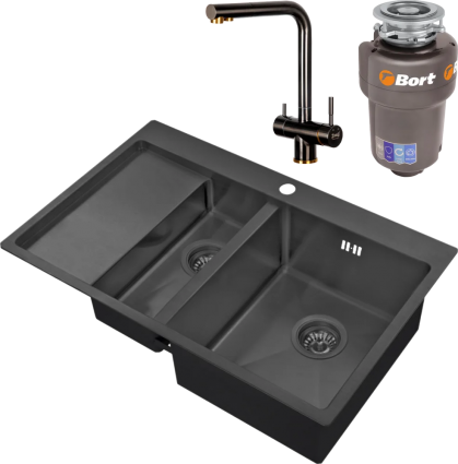 Комплект Мойка кухонная Zorg Inox PVD 5178-2-R grafit + Смеситель Inox SZR-7039 BR/GRAFIT бронза графит + Измельчитель Bort Titan 5000 Control брашированная, прямоугольная