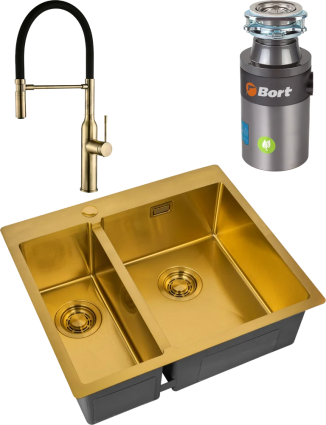 Комплект Мойка кухонная Zorg Light ZL R 590-2-510-R BRONZE R, бронза + Смеситель Steel Hummer SH 2022 BRONZE бронза + Измельчитель Bort Titan 4000 Plus, брашированная, прямоугольная