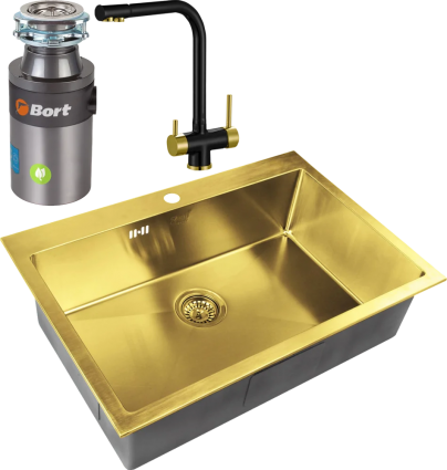 Комплект Мойка кухонная Zorg Inox PVD Inox Pvd SZR-7551 bronze + Смеситель Sanitary ZR 348 YF BLACK BRONZE + Измельчитель Bort Titan 4000 Plus брашированная, прямоугольная