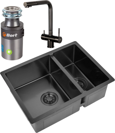 Комплект Мойка кухонная Zorg Light ZL R 590-2-510-L GRAFIT L, графит + Смеситель Sanitary SZR-3216 Grafit графит + Измельчитель Bort Titan 4000 Control, брашированная, прямоугольная