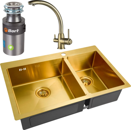 Комплект Мойка кухонная Zorg Inox PVD SZR-78-2-51 L bronze + Смеситель Steel Hummer SH 699 BRONZE бронза + Измельчитель Bort Titan 4000 Control брашированная, прямоугольная