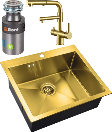 Комплект Мойка кухонная Zorg Inox PVD Inox Pvd SZR-5951 bronze + Смеситель Sanitary SZR-3216 Bronze бронза + Измельчитель Bort Titan 4000 Control брашированная, прямоугольная