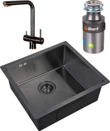 Комплект Мойка кухонная Zorg Inox PVD 4844 grafit + Смеситель Inox SZR-7039 BR/GRAFIT бронза графит + Измельчитель Bort Titan 4000 Control брашированная, прямоугольная