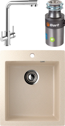Комплект Мойка кухонная Ulgran U-404 -328 бежевая + Смеситель MEGA Life MG-TK05 хром + Измельчитель Bort Titan 4000 Control матовая, прямоугольная