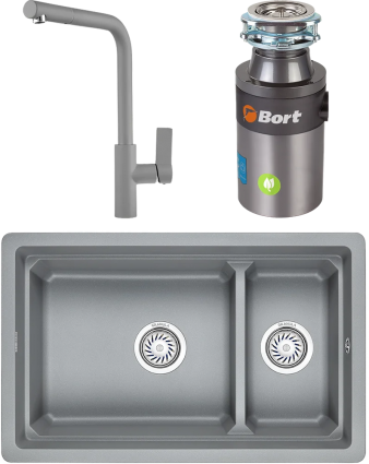 Комплект Мойка кухонная Granula Kitchen Space + Смеситель GR-2502 алюминиум + Измельчитель Bort Titan 4000 Control матовая, прямоугольная