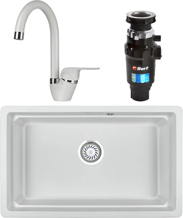 Комплект Мойка кухонная Granula Kitchen Space + Смеситель GR-1024 арктик + Измельчитель Bort Master Eco матовая, прямоугольная