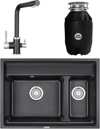 Комплект Мойка кухонная Granula Kitchen Space + Смеситель GR-2015 черный + Измельчитель Bone Crusher BC 810-AS матовая, прямоугольная