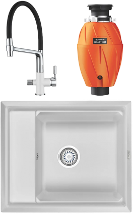 Комплект Мойка кухонная Granula Kitchen Space + Смеситель GR-0075 арктик, с гибким изливом + Измельчитель Omoikiri Nagare 1000, матовая, прямоугольная