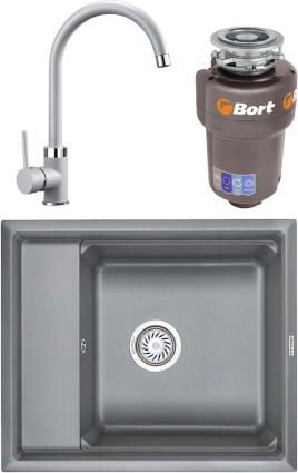 Комплект Мойка кухонная Granula Kitchen Space + Смеситель GR-2125 алюминиум + Измельчитель Bort Titan Max Power FullControl матовая, прямоугольная