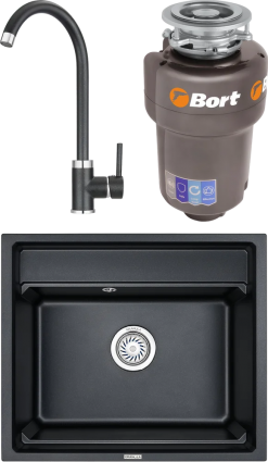 Комплект Мойка кухонная Granula Kitchen Space + Смеситель GR-2125 шварц + Измельчитель Bort Titan Max Power матовая, прямоугольная