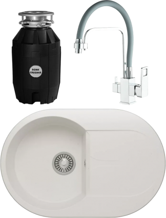 Комплект Мойка кухонная Polygran Atol 679030 белый хлопок + Смеситель Haiba HB76615 белый + Измельчитель Bone Crusher BC 810-AS матовая, овальная