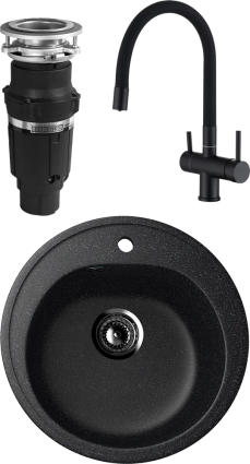 Комплект Мойка кухонная Ulgran U-101 -308 черная + Смеситель Domaci Равенна DCB 3015 черный, с гибким изливом + Измельчитель Bone Crusher BC 610-AS, матовая, круглая