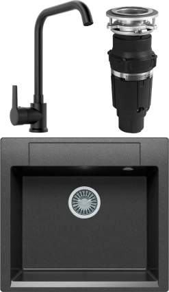 Комплект Мойка кухонная Polygran Argo 560 черная + Смеситель MEGA Ege MG-PL10-B черный + Измельчитель Bone Crusher BC 610-AS матовая, прямоугольная