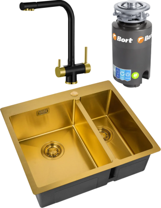 Комплект Мойка кухонная Zorg Light ZL R 590-2-510-L BRONZE L, бронза + Смеситель Sanitary ZR 348 YF BLACK BRONZE + Измельчитель Bort Titan 4000, брашированная, прямоугольная