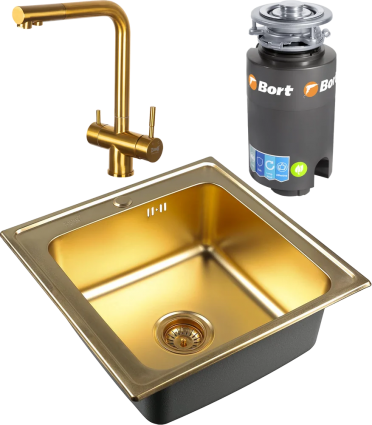 Комплект Мойка кухонная Zorg Inox PVD Inox Pvd SZR-5050 bronze + Смеситель Inox SZR-7039 BRONZE бронза + Измельчитель Bort Titan 4000 брашированная, квадратная