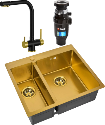 Комплект Мойка кухонная Zorg Inox PVD SZR-59-2-51-R BRONZE R, бронза + Смеситель Sanitary ZR 348 YF BLACK BRONZE + Измельчитель Bort Master Eco, брашированная, прямоугольная