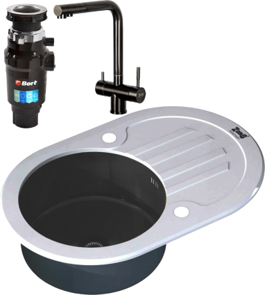 Комплект Мойка кухонная Zorg Glass GL-7851-OV-WHITE-GRAFIT графит + Смеситель Inox SZR-7039 GRAFIT графит + Измельчитель Bort Master Eco полированная, овальная