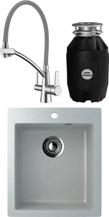 Комплект Мойка кухонная Ulgran U-404 -310 серая + Смеситель Lemark Comfort LM3071C-Gray с гибким изливом, хром, серый + Измельчитель Bone Crusher BC 810-AS, матовая, прямоугольная