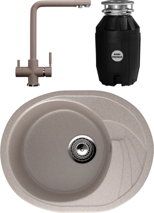 Комплект Мойка кухонная Ulgran U-403 -302 песочная + Смеситель U-016 -302 песочный + Измельчитель Bone Crusher BC 810-AS матовая, овальная